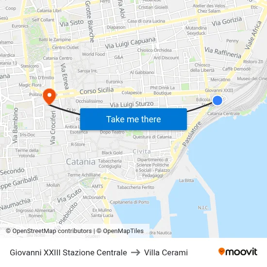 John XXIII Central Station to Cerami Villa map