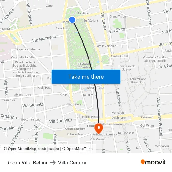 Roma Villa Bellini to Cerami Villa map