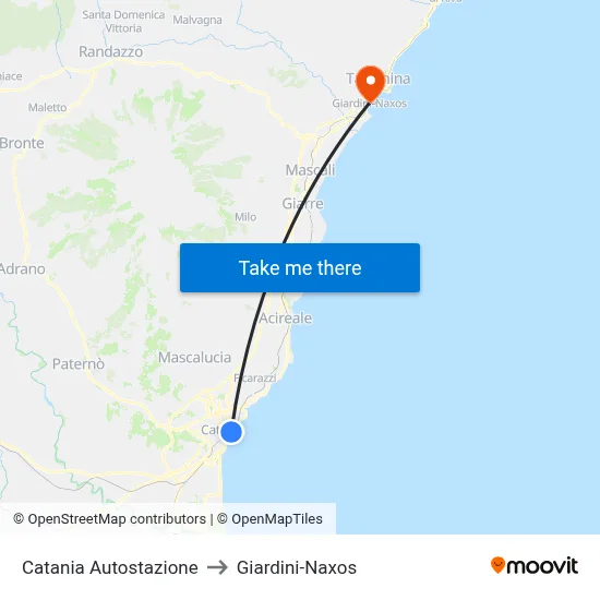 Catania Bus Station to Giardini-Naxos map