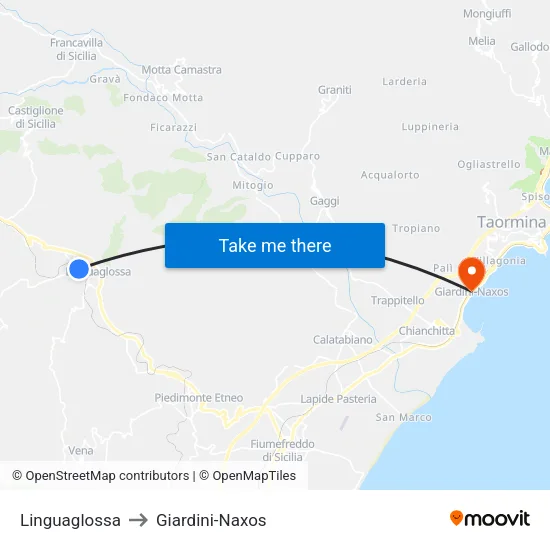 Linguaglossa to Giardini-Naxos map