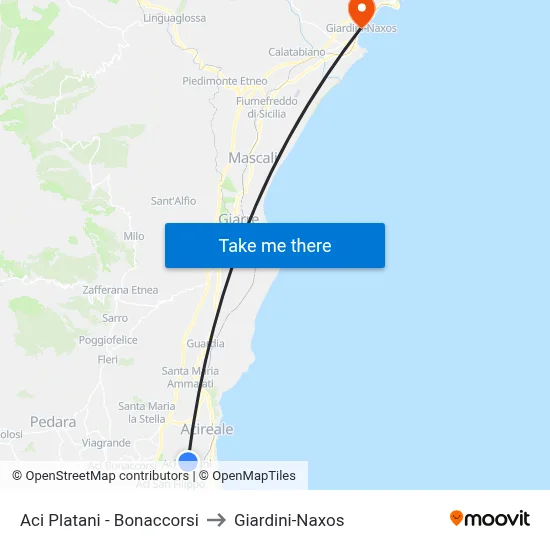 Aci Platani - Bonaccorsi to Giardini-Naxos map