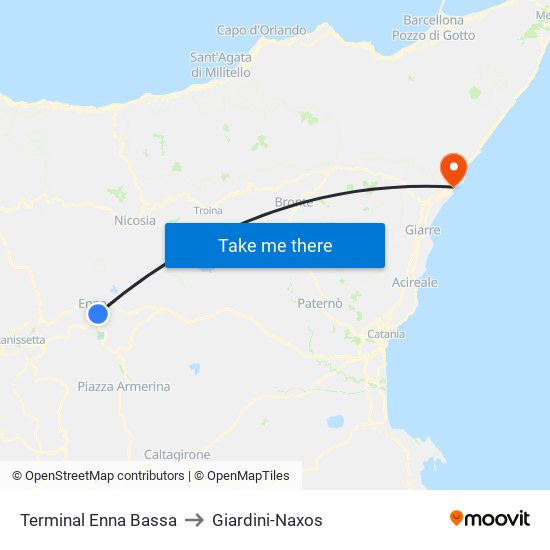 Terminal Enna Bassa to Giardini-Naxos map