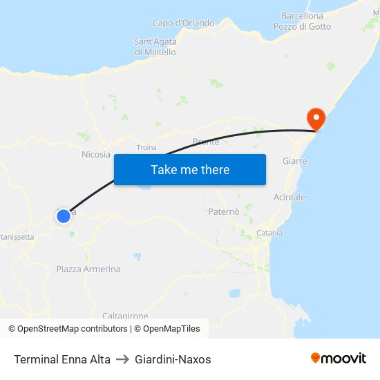 Terminal Enna Alta to Giardini-Naxos map