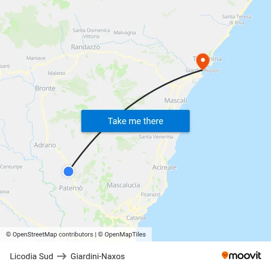 Licodia South to Giardini-Naxos map