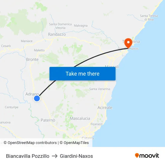Biancavilla Pozzillo to Giardini-Naxos map