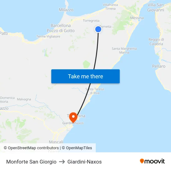 Monforte San Giorgio to Giardini-Naxos map