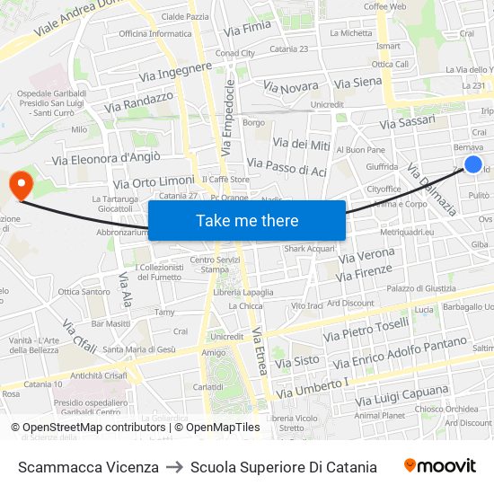 Scammacca Vicenza to Scuola Superiore Di Catania map