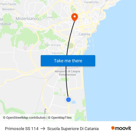 Primosole SS 114 to Scuola Superiore Di Catania map