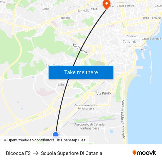 Bicocca FS to Scuola Superiore Di Catania map