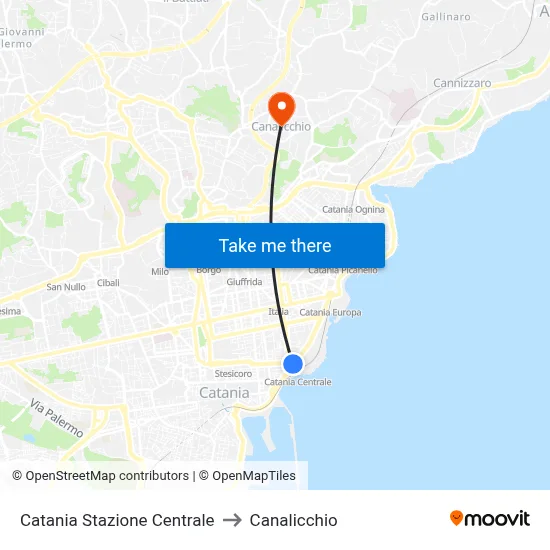 Catania Central Station to Canalicchio map