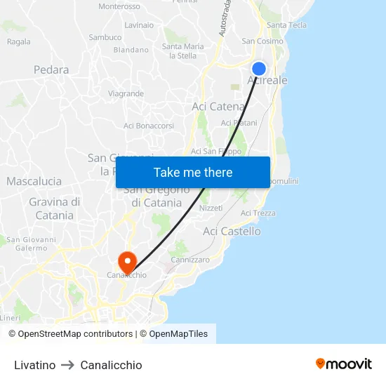 Acireale Livatino to Canalicchio map