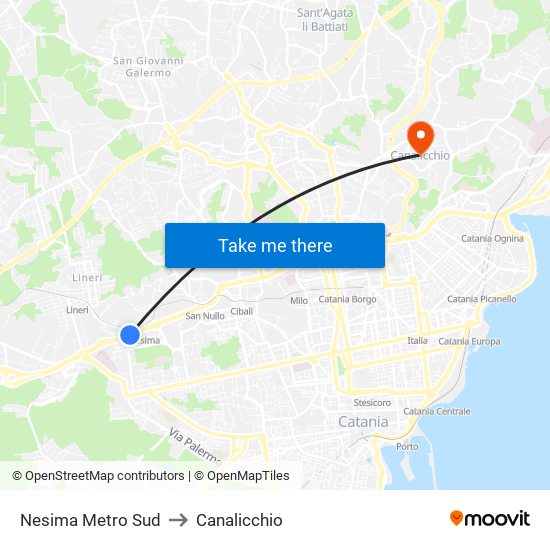 Nesima Metro Sud to Canalicchio map