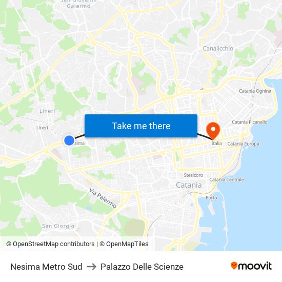Nesima Metro Sud to Palazzo Delle Scienze map