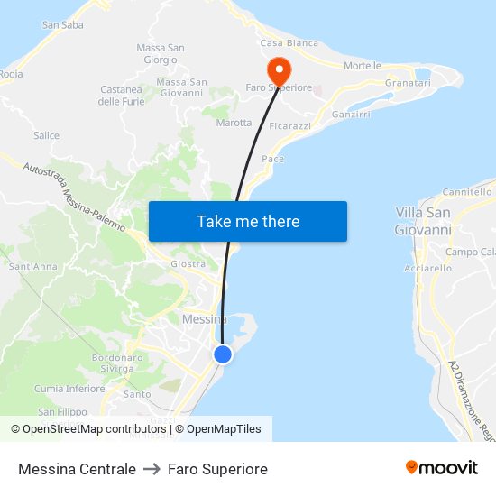 Messina Centrale to Faro Superiore map
