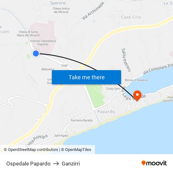 Ospedale Papardo to Ganzirri map
