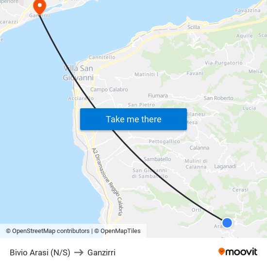 Bivio Arasi (N/S) to Ganzirri map