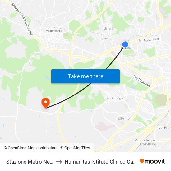 Stazione Metro Nesima to Humanitas Istituto Clinico Catanese map