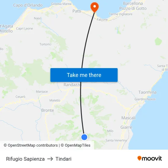 Sapienza Refuge to Tindari map