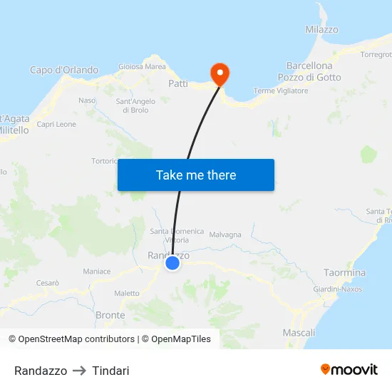 Randazzo to Tindari map