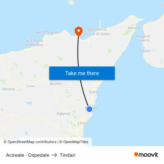 Acireale - Ospedale to Tindari map