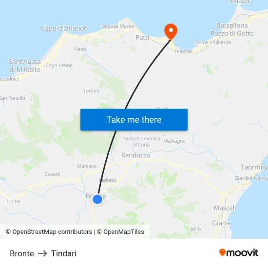 Bronte to Tindari map