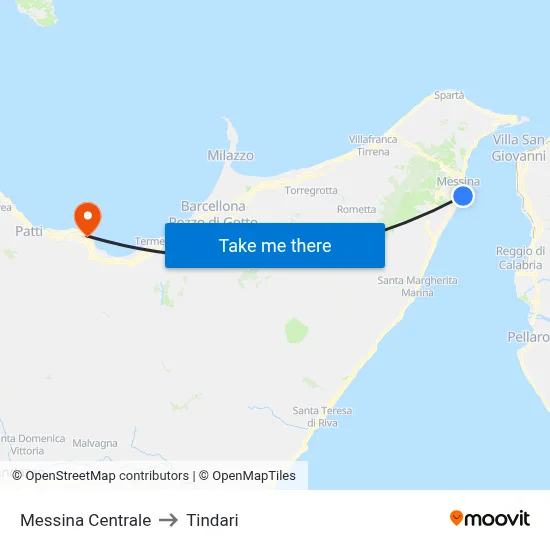 Messina Centrale to Tindari map
