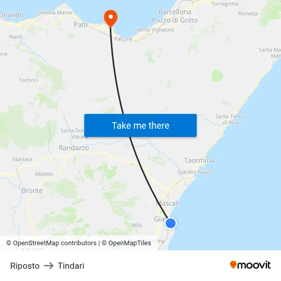 Riposto to Tindari map