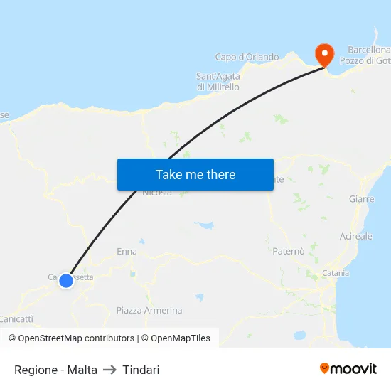 Regione - Malta to Tindari map