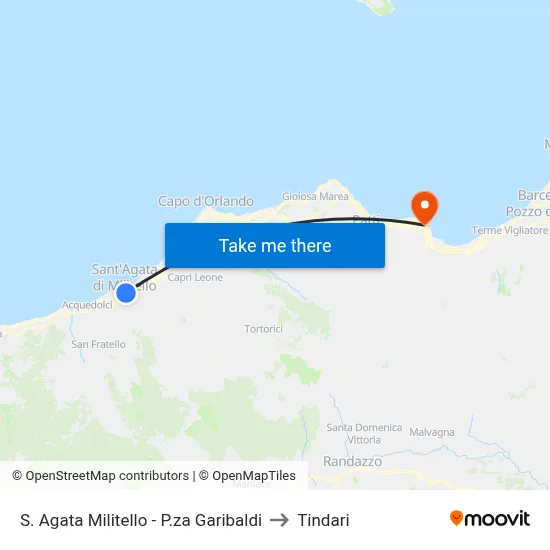 S. Agata Militello - P.za Garibaldi to Tindari map