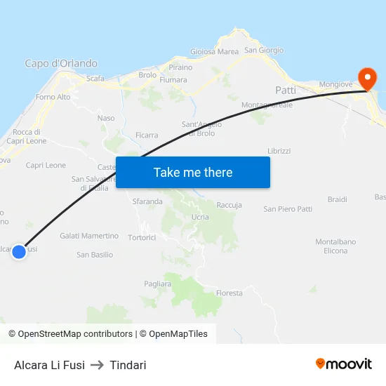 Alcara Li Fusi to Tindari map