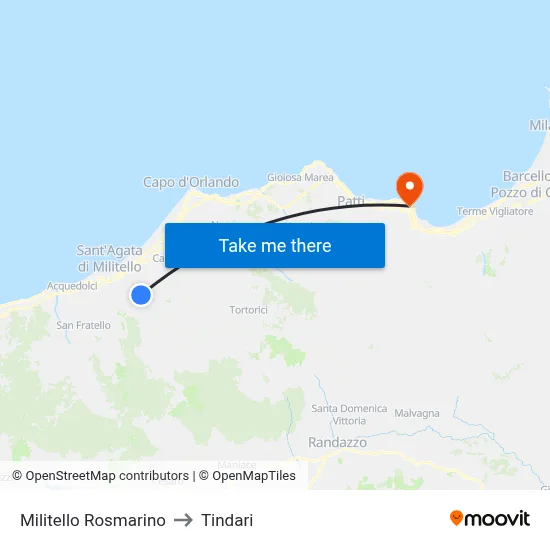 Militello Rosmarino to Tindari map