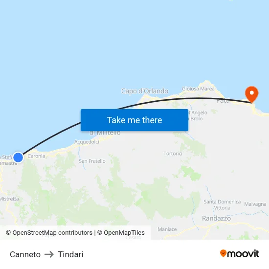 Canneto to Tindari map