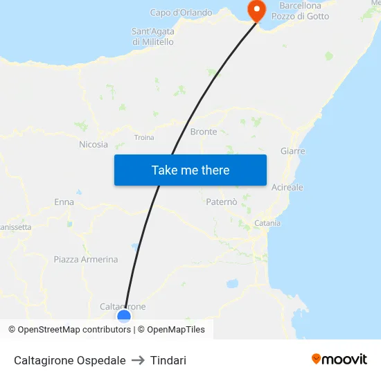 Caltagirone Hospital to Tindari map