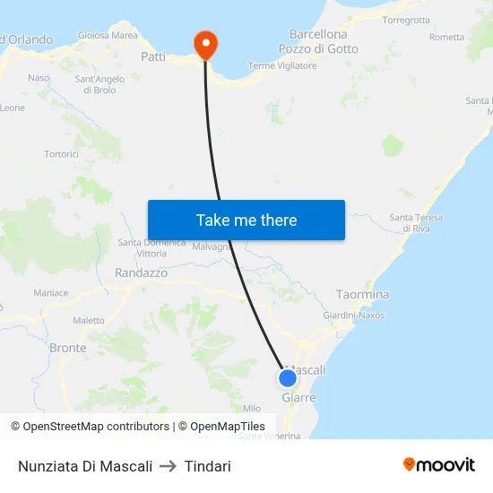 Nunziata Di Mascali to Tindari map