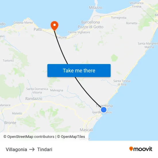 Villagonia to Tindari map