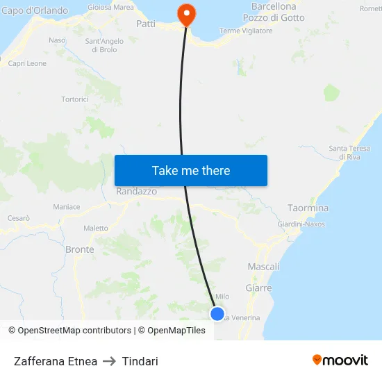 Zafferana Etnea to Tindari map