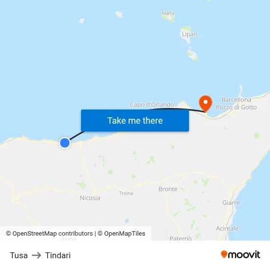Tusa to Tindari map
