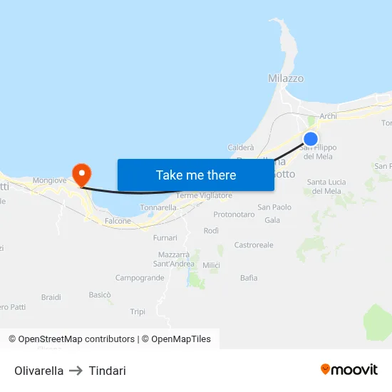 Olivarella to Tindari map