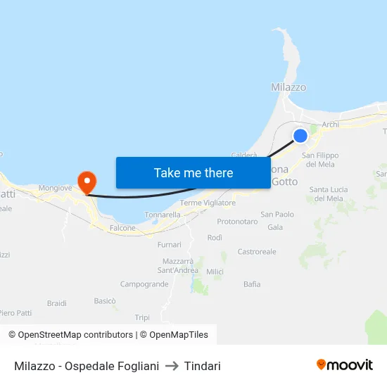 Milazzo - Ospedale Fogliani to Tindari map