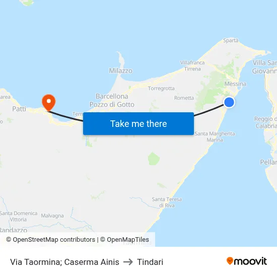 Via Taormina; Caserma Ainis to Tindari map