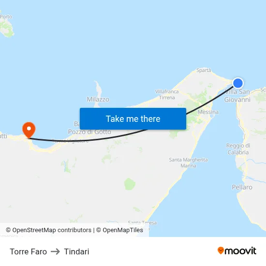 Torre Faro to Tindari map