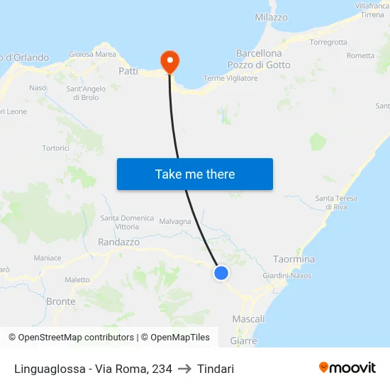 Linguaglossa - Roma Street, 234 to Tindari map