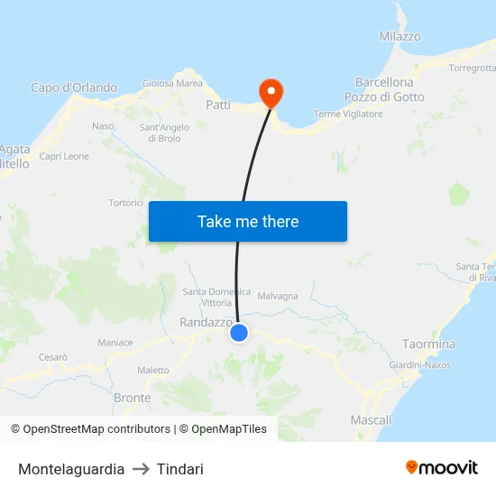 Montelaguardia to Tindari map