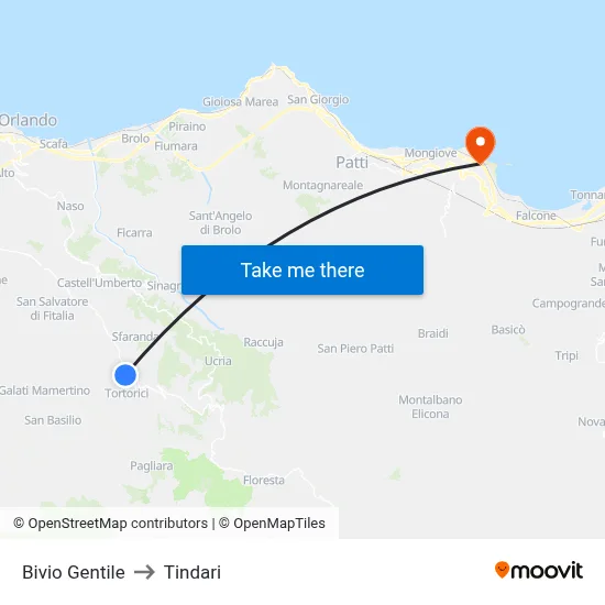 Bivio Gentile to Tindari map