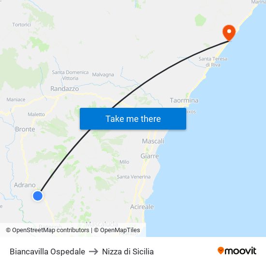 Biancavilla Ospedale to Nizza di Sicilia map