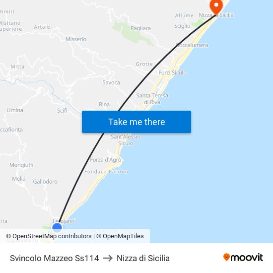 Svincolo Mazzeo Ss114 to Nizza di Sicilia map
