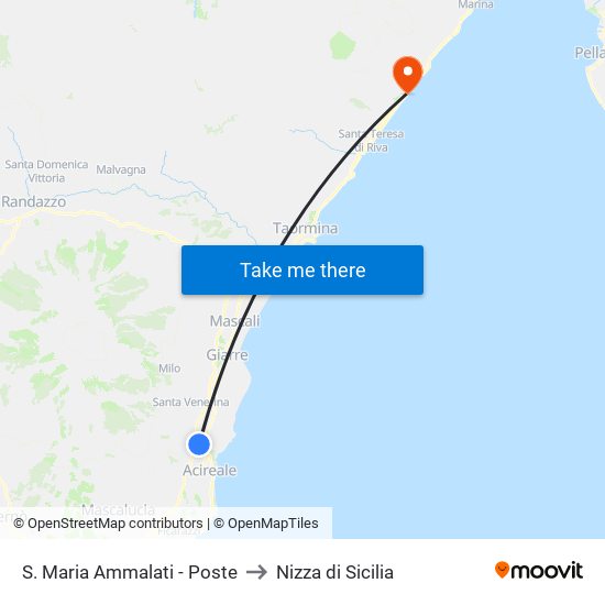 S. Maria Ammalati - Poste to Nizza di Sicilia map