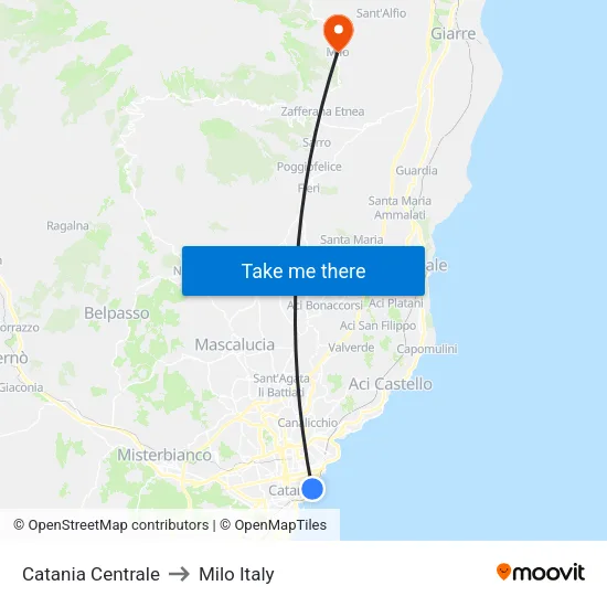 Catania Centrale to Milo Italy map