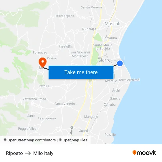 Riposto to Milo Italy map