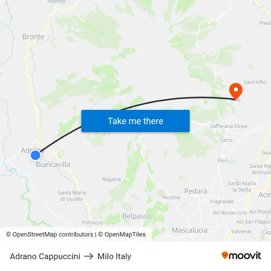 Adrano Cappuccini to Milo Italy map